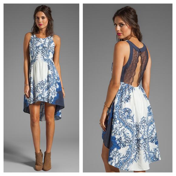 [Free People] Russian Blue Plate Dress Hi-Lo Hem Open Lace Back Floral Sz Medium - Picture 1 of 12